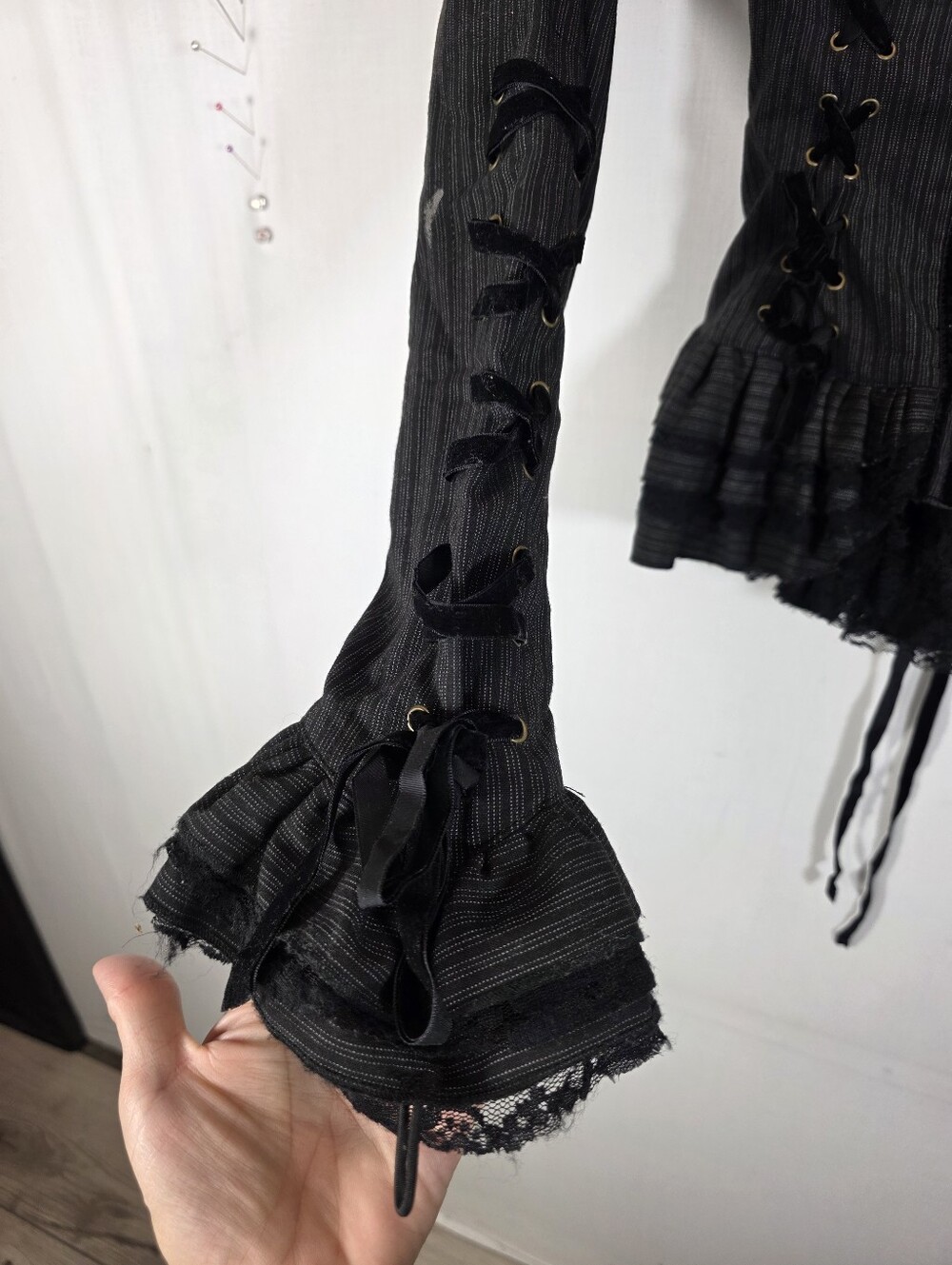 Spin Doctor Victorian Goth Pinstripe Corset Top - Velvet Lace Up Bell Sleeve Jac - Picture 4 of 12